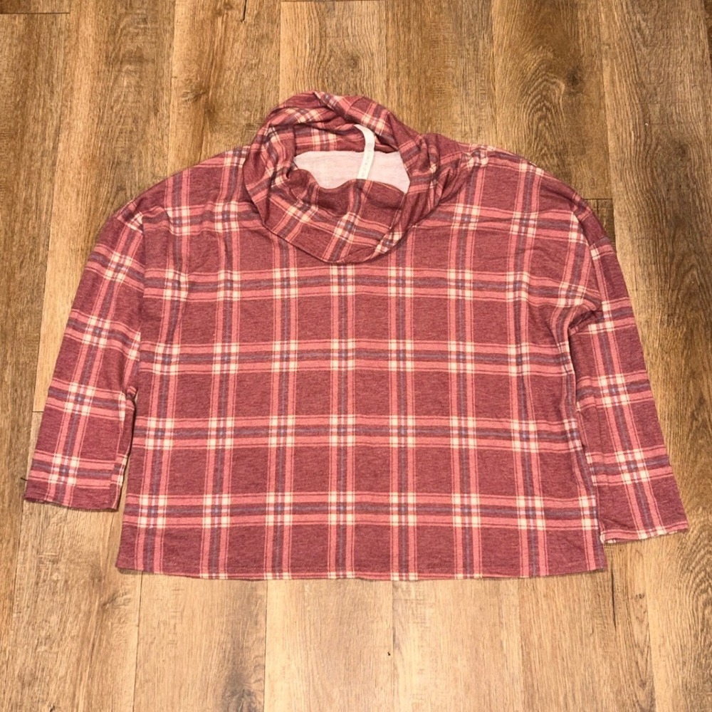Haute Fox Burgundy Plaid Cowl Neck Top Plus Size 2X Long Sleeve Jersey Knit